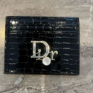 Dior Black Croc style Embossed Card Holder wallet new rhinestone